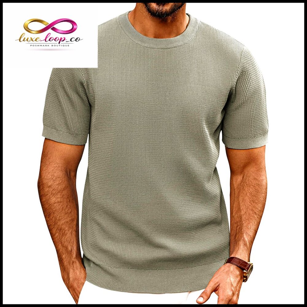Textured Knit Crewneck Tee Casual Pullover Shirt Modern Fitted Style